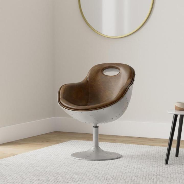 Vintage lederen schelpstoel, retro design lounge draaistoel, aluminium noppen, bruin 703