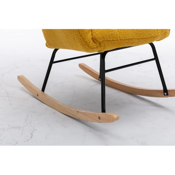 Moderne Teddy Stof Tufted Wingback Schommelstoel met Gewatteerde Zitting en Massief Houten Benen Gele Kleur Ideaal voor Woonkamer Slaapkamer en Kinderkamer