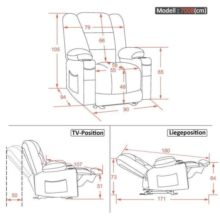 Televisiestoel, elektrisch verstelbaar, relaxstoel met ligfunctie, tv-stoel met massage en warmtefunctie, USB en bekerhouder, woonkamer (stof, donkergrijs)