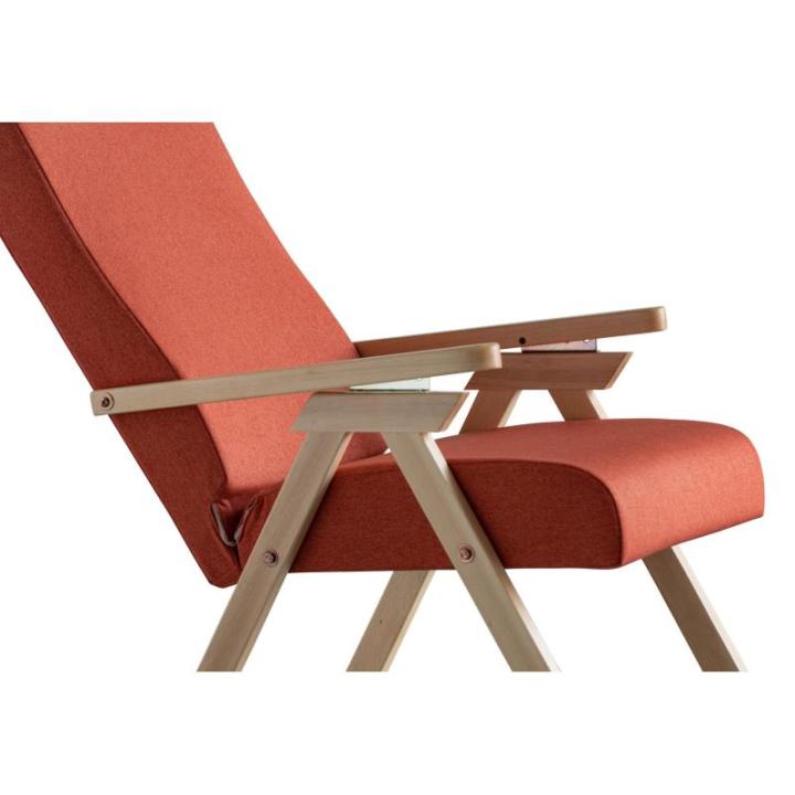Stoel van hout Fiammta Relax, met ligfunctie, natuurlijke stof, oranje stof, verwijderbaar