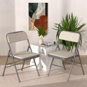 Set van 2 klapstoelen, gestoffeerd, beige-grijs gestreepte klapstoelen met metalen frame, klapstoel van stof, campingstoel, klapstoel, balkon, tuin, stoelen, vouwstoel voor gasten 