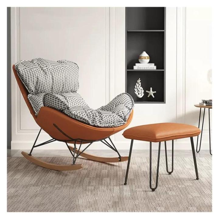 Fauteuil SchommelstoelGlider Mid-Century Moderne gestoffeerde fauteuil Schommelstoel met poef voor woonkamer, schommelstoel met massief houten poten (Kleur: Grijs-3)