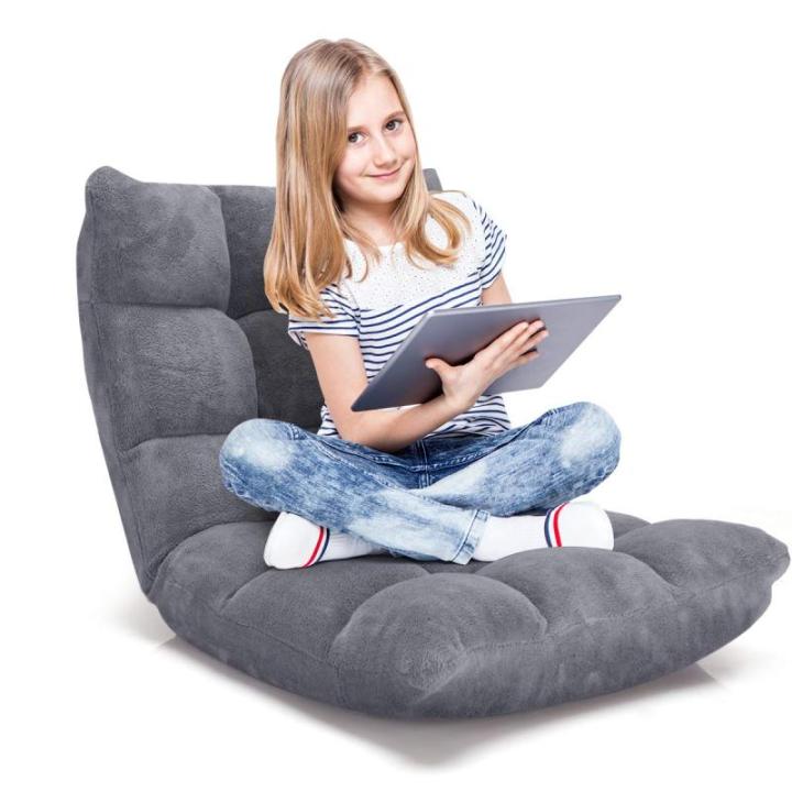 Vloerstoel, vloerstoel, bekleed inklapbaar, 14-traps verstelbaar vloerkussen met rugleuning, luie sofa, meditatiestoel, vensterstoel, grijs