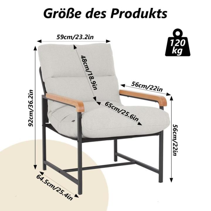Fauteuil, woonkamer, stoffen gestoffeerde stoel, modern, metaal, loungestoel met houten armleuningen, stoel, katoen en linnen, relaxstoel voor slaapkamer, wit