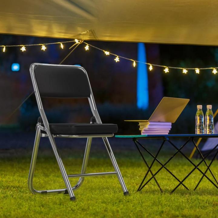 Stabiele klapstoel, zwarte vouwstoel, klapstoel van staal, soft-Skin kunstleer, klapstoel, gevoerd, tot 100 kg belastbaar, campingstoel, klapstoel, balkon, tuin, stoelen, bezoekers