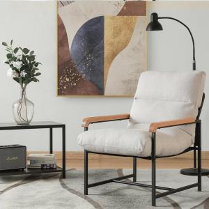 Fauteuil, woonkamer, stoffen gestoffeerde stoel, modern, metaal, loungestoel met houten armleuningen, stoel, katoen en linnen, relaxstoel voor slaapkamer, wit