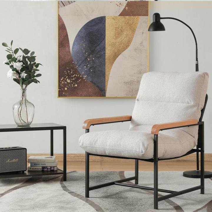 Fauteuil, woonkamer, stoffen gestoffeerde stoel, modern, metaal, loungestoel met houten armleuningen, stoel, katoen en linnen, relaxstoel voor slaapkamer, wit