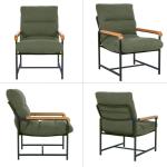 Fauteuil, woonkamerstoel met armleuningen, gestoffeerd, met metalen frame, moderne leuningen van hout, stof, katoen en linnen, loungestoel voor slaapkamer, groen