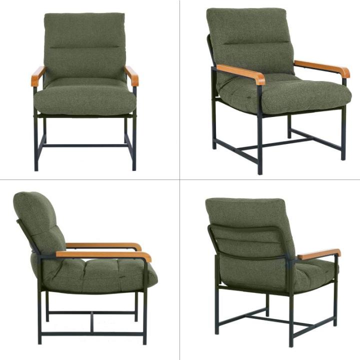 Fauteuil, woonkamerstoel met armleuningen, gestoffeerd, met metalen frame, moderne leuningen van hout, stof, katoen en linnen, loungestoel voor slaapkamer, groen