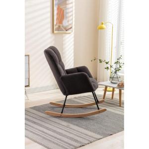 Moderne Tufted Wingback Schommelstoel Gestoffeerd in Teddy Stof Ontspannende Lounge Fauteuil met Massief Houten Benen voor Woonkamer Slaapkamer Kwekerij Gewatteerde Zitting Grijze 