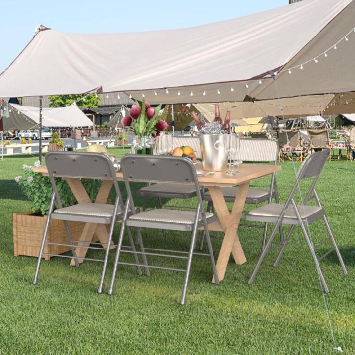 Set van 2 klapstoelen, gestoffeerd, beige-grijs gestreepte klapstoelen met metalen frame, klapstoel van stof, campingstoel, klapstoel, balkon, tuin, stoelen, vouwstoel voor gasten 