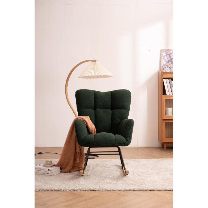 Moderne Tufted Wingback Schommelstoel met Gewatteerde Zitting en Massief Houten Benen voor Woonkamer Slaapkamer Nursery Groen