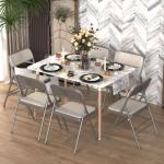 Set van 4 klapstoelen, gestoffeerd, beige-grijs gestreepte klapstoelen met metalen frame, klapstoel van stof, campingstoel, klapstoel, balkon, tuin, stoelen, vouwstoel voor gasten 