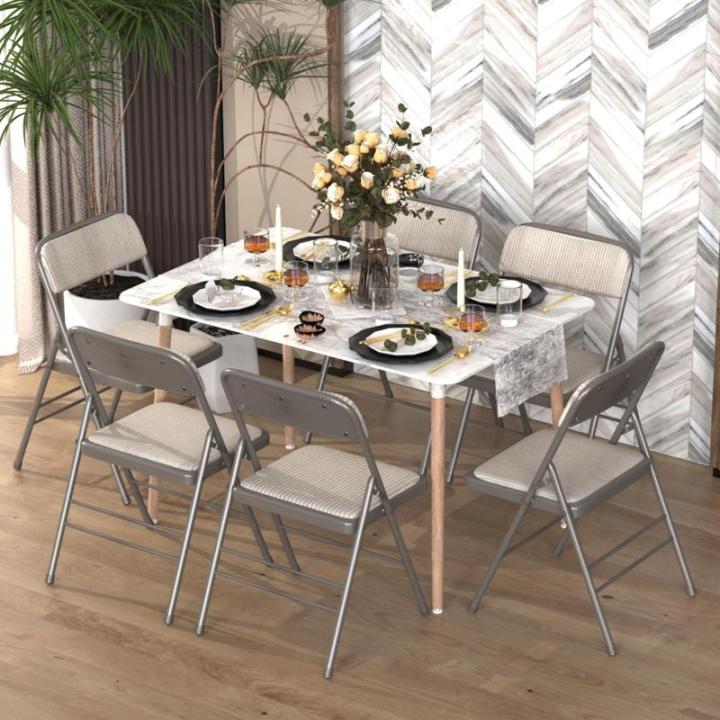 Set van 4 klapstoelen, gestoffeerd, beige-grijs gestreepte klapstoelen met metalen frame, klapstoel van stof, campingstoel, klapstoel, balkon, tuin, stoelen, vouwstoel voor gasten 
