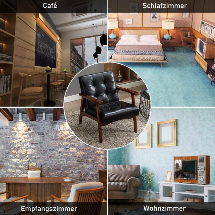 Retro houten stoel, stoel, stoel, woonkamer, loungestoel, gestoffeerde stoel met armleuningen, retro stoel, middeleeuws houten frame, designstoel van kunstleer en eiken, geschikt v