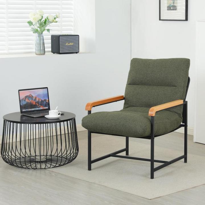 Fauteuil, woonkamerstoel met armleuningen, gestoffeerd, met metalen frame, moderne leuningen van hout, stof, katoen en linnen, loungestoel voor slaapkamer, groen