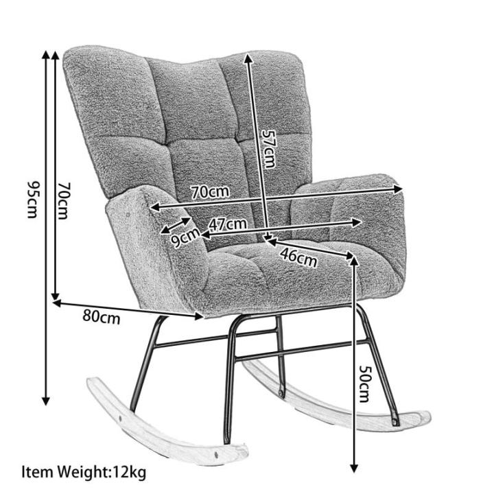 Moderne Tufted Wingback Schommelstoel Gestoffeerd in Teddy Stof Ontspannende Lounge Fauteuil met Massief Houten Benen voor Woonkamer Slaapkamer Kwekerij Gewatteerde Zitting Grijze 
