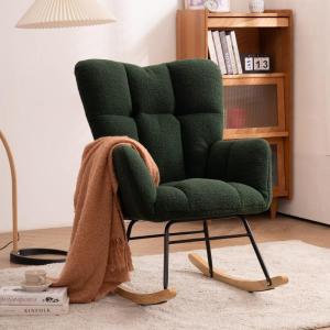 Moderne Tufted Wingback Schommelstoel met Gewatteerde Zitting en Massief Houten Benen voor Woonkamer Slaapkamer Nursery Groen