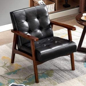 Retro houten stoel, stoel, stoel, woonkamer, loungestoel, gestoffeerde stoel met armleuningen, retro stoel, middeleeuws houten frame, designstoel van kunstleer en eiken, geschikt v