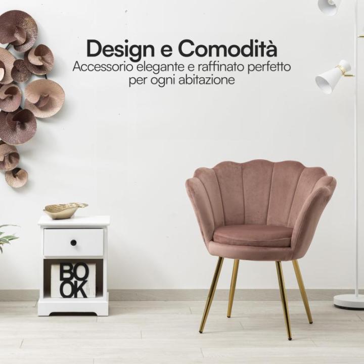 Gestoffeerde fauteuil met schelp-rugleuning van poederfluweel met poten van goud, stoel voor woonkamer en slaapkamer, super comfortabel, relaxstoel 69 x 71 x 84 cm