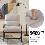 Fauteuil, woonkamer, stoffen gestoffeerde stoel, modern, metaal, loungestoel met houten armleuningen, stoel, katoen en linnen, relaxstoel voor slaapkamer, wit