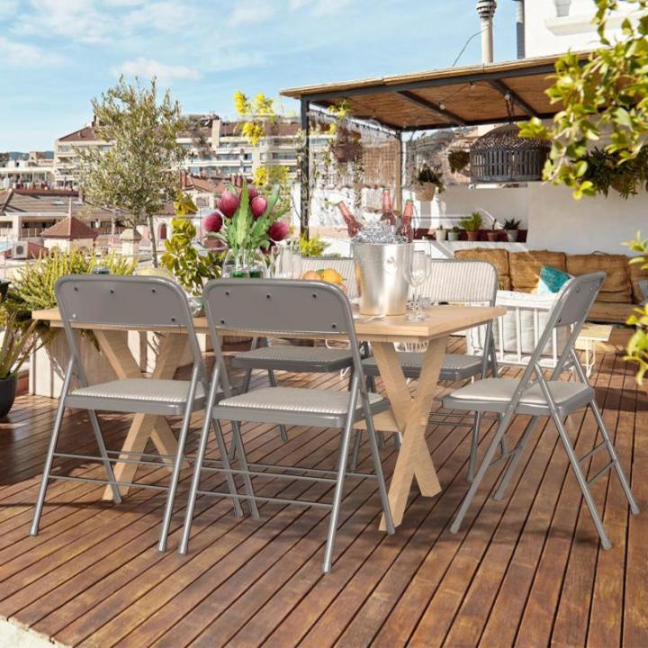 Set van 4 klapstoelen, gestoffeerd, beige-grijs gestreepte klapstoelen met metalen frame, klapstoel van stof, campingstoel, klapstoel, balkon, tuin, stoelen, vouwstoel voor gasten 