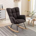 Moderne Tufted Wingback Schommelstoel Gestoffeerd in Teddy Stof Ontspannende Lounge Fauteuil met Massief Houten Benen voor Woonkamer Slaapkamer Kwekerij Gewatteerde Zitting Grijze 