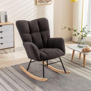 Moderne Tufted Wingback Schommelstoel Gestoffeerd in Teddy Stof Ontspannende Lounge Fauteuil met Massief Houten Benen voor Woonkamer Slaapkamer Kwekerij Gewatteerde Zitting Grijze 