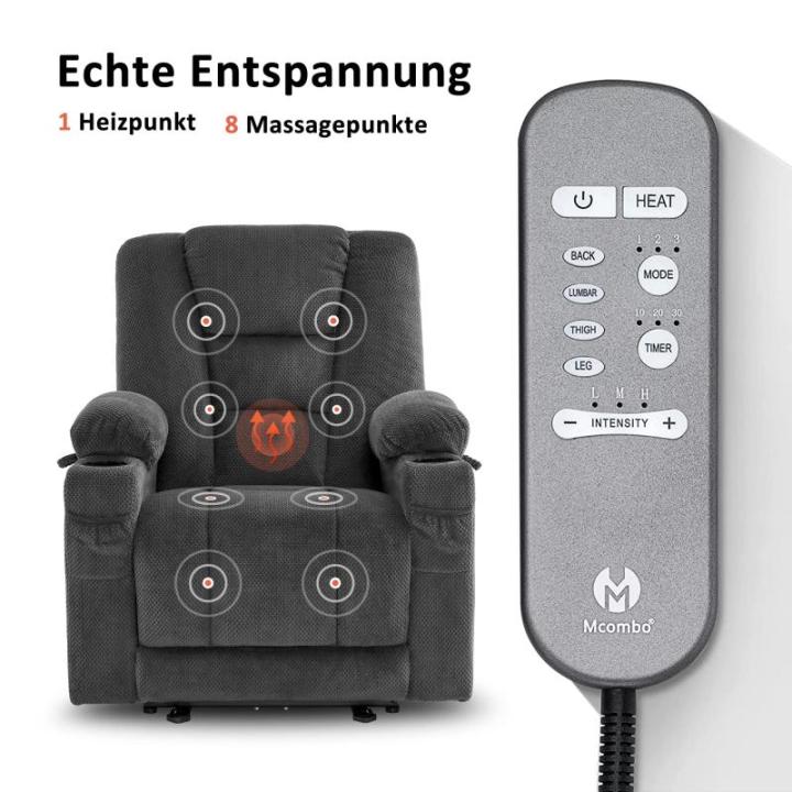 Televisiestoel, elektrisch verstelbaar, relaxstoel met ligfunctie, tv-stoel met massage en warmtefunctie, USB en bekerhouder, woonkamer (stof, donkergrijs)