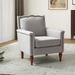 Moderne accentstoel met golvende rugleuning, comfortabele gestoffeerde fauteuil met retro houten poten en spijkerkopversiering voor woonkamer, lichtgrijs