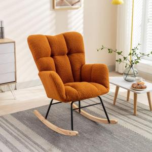 Moderne Teddy Stof Relax Schommelstoel met Tufted Wingback Gestoffeerde Gewatteerde Zitting en Massief Houten Benen Stijlvolle Lounge Stoel voor Woonkamer Slaapkamer Nursery Oranje