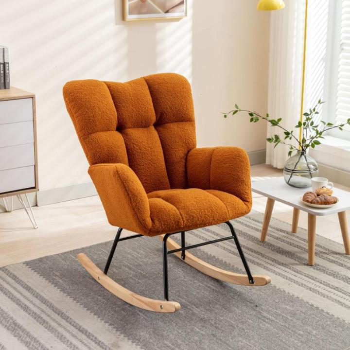 Moderne Teddy Stof Relax Schommelstoel met Tufted Wingback Gestoffeerde Gewatteerde Zitting en Massief Houten Benen Stijlvolle Lounge Stoel voor Woonkamer Slaapkamer Nursery Oranje