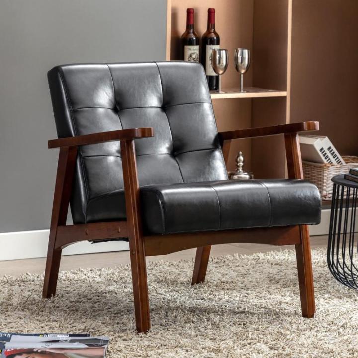 Retro houten stoel, stoel, stoel, woonkamer, loungestoel, gestoffeerde stoel met armleuningen, retro stoel, middeleeuws houten frame, designstoel van kunstleer en eiken, geschikt v