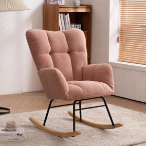 Moderne Tufted Wingback Schommelstoel met Gewatteerde Zitting en Massief Houten Poten Roze