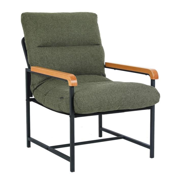 Fauteuil, woonkamerstoel met armleuningen, gestoffeerd, met metalen frame, moderne leuningen van hout, stof, katoen en linnen, loungestoel voor slaapkamer, groen