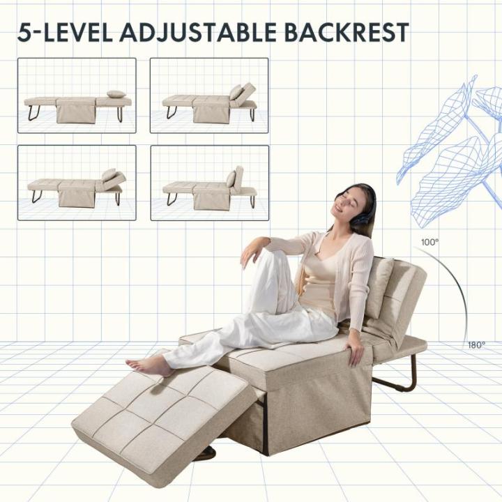 Fauteuil met kruk slaapstoel inklapbaar met bedfunctie met slaapfunctie om te zetten stoel bed uitschuifbare slaapstoel belastbaar tot 300 kg, beige