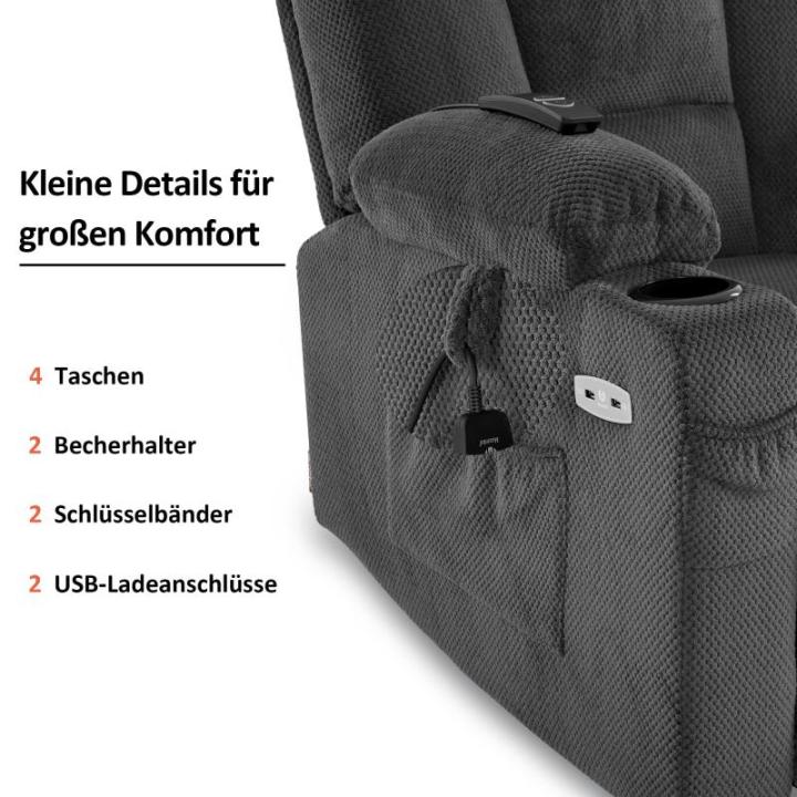 Televisiestoel, elektrisch verstelbaar, relaxstoel met ligfunctie, tv-stoel met massage en warmtefunctie, USB en bekerhouder, woonkamer (stof, donkergrijs)