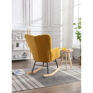 Moderne Teddy Stof Tufted Wingback Schommelstoel met Gewatteerde Zitting en Massief Houten Benen Gele Kleur Ideaal voor Woonkamer Slaapkamer en Kinderkamer