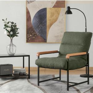 Fauteuil, woonkamerstoel met armleuningen, gestoffeerd, met metalen frame, moderne leuningen van hout, stof, katoen en linnen, loungestoel voor slaapkamer, groen