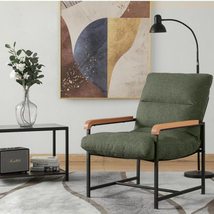 Fauteuil, woonkamerstoel met armleuningen, gestoffeerd, met metalen frame, moderne leuningen van hout, stof, katoen en linnen, loungestoel voor slaapkamer, groen