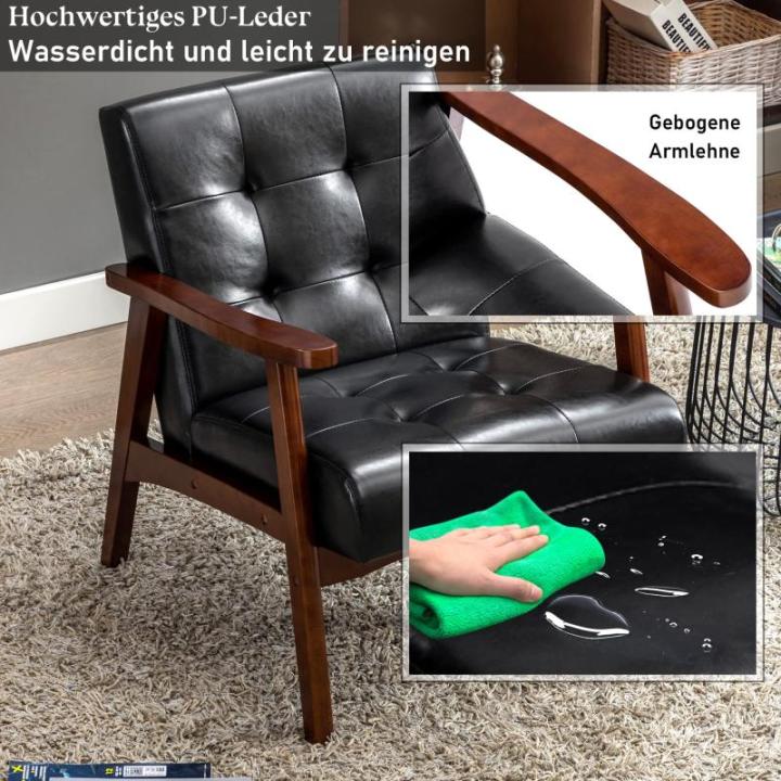 Retro houten stoel, stoel, stoel, woonkamer, loungestoel, gestoffeerde stoel met armleuningen, retro stoel, middeleeuws houten frame, designstoel van kunstleer en eiken, geschikt v