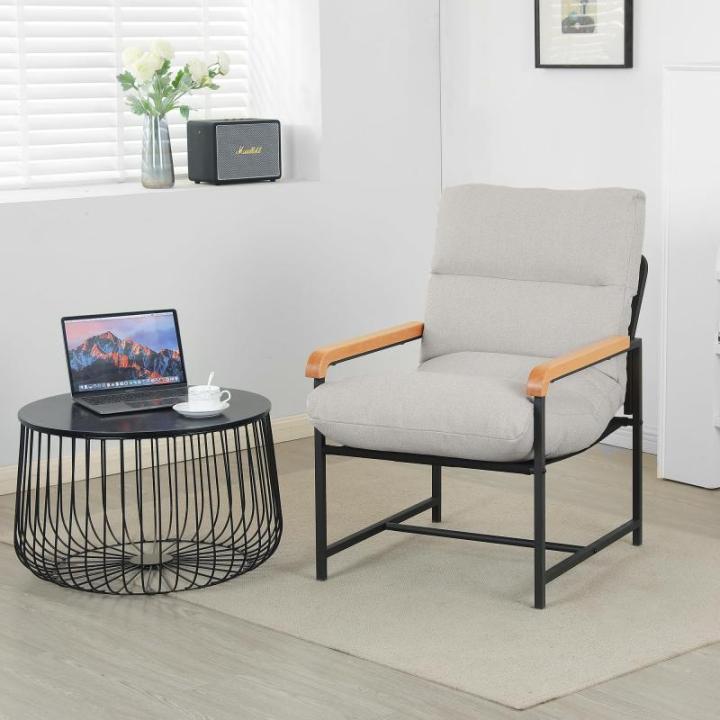Fauteuil, woonkamer, stoffen gestoffeerde stoel, modern, metaal, loungestoel met houten armleuningen, stoel, katoen en linnen, relaxstoel voor slaapkamer, wit