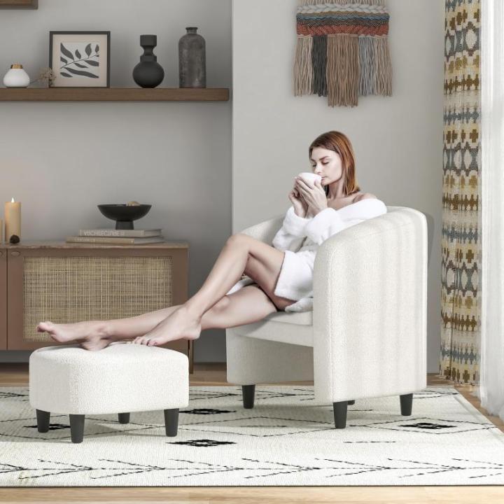 Fauteuil met voetenbank, gevoerde clubstoel met massief houten frame en antislip vilten kussens, accentstoel, relaxstoel voor woonkamer, slaapkamer (beige)
