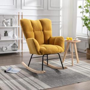 Moderne Teddy Stof Tufted Wingback Schommelstoel met Gewatteerde Zitting en Massief Houten Benen Gele Kleur Ideaal voor Woonkamer Slaapkamer en Kinderkamer