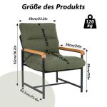 Fauteuil, woonkamerstoel met armleuningen, gestoffeerd, met metalen frame, moderne leuningen van hout, stof, katoen en linnen, loungestoel voor slaapkamer, groen