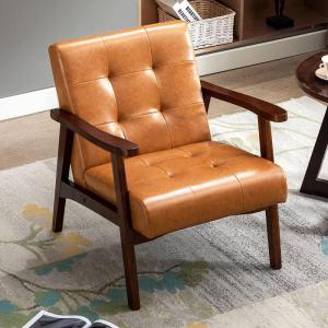 Stoel woonkamer retro houten stoel lounge stoel gestoffeerde stoel met armleuningen retro stoel middeleeuws houten frame designstoel van kunstleer en eiken, geschikt voor slaapkame