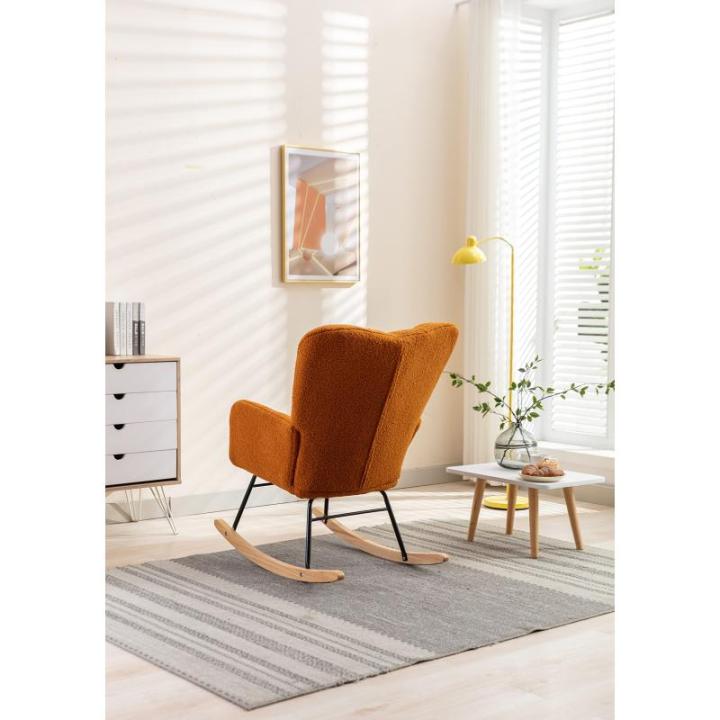 Moderne Teddy Stof Relax Schommelstoel met Tufted Wingback Gestoffeerde Gewatteerde Zitting en Massief Houten Benen Stijlvolle Lounge Stoel voor Woonkamer Slaapkamer Nursery Oranje