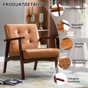 Stoel woonkamer retro houten stoel lounge stoel gestoffeerde stoel met armleuningen retro stoel middeleeuws houten frame designstoel van kunstleer en eiken, geschikt voor slaapkame