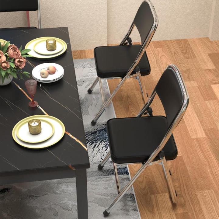 Stabiele klapstoel, zwarte vouwstoel, klapstoel van staal, soft-Skin kunstleer, klapstoel, gevoerd, tot 100 kg belastbaar, campingstoel, klapstoel, balkon, tuin, stoelen, bezoekers