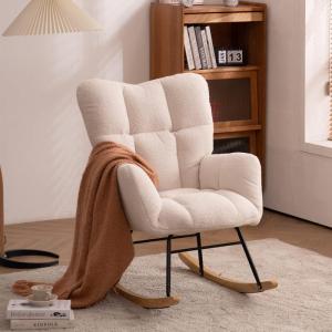 Moderne Wingback Tufted Schommelstoel met Gewatteerde Zitting en Massief Houten Poten Wit
